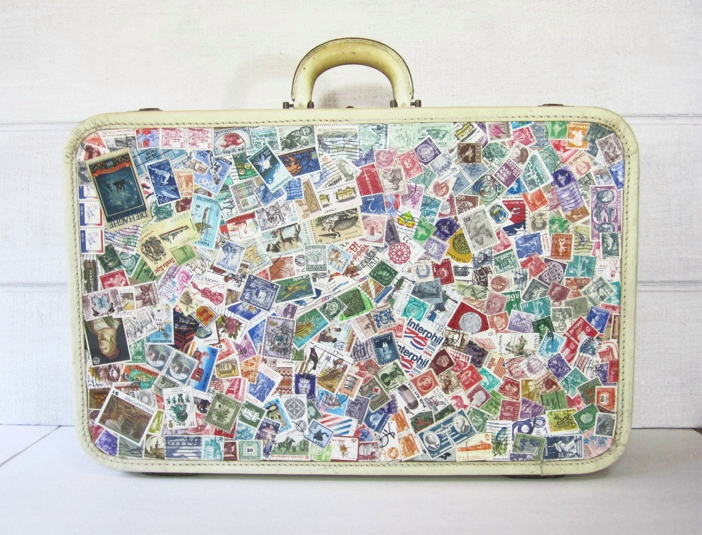 RESERVED Vintage Suitcase Upcycled Luggage Postage Stamps