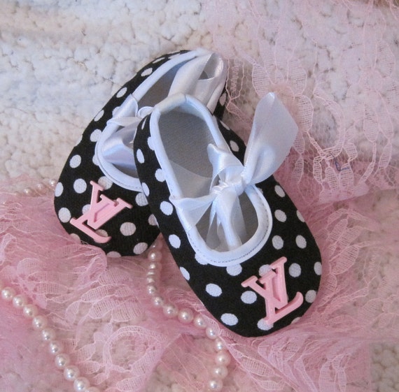 Items similar to Baby crib shoes-black polka dot Louis Vuitton inspired on Etsy