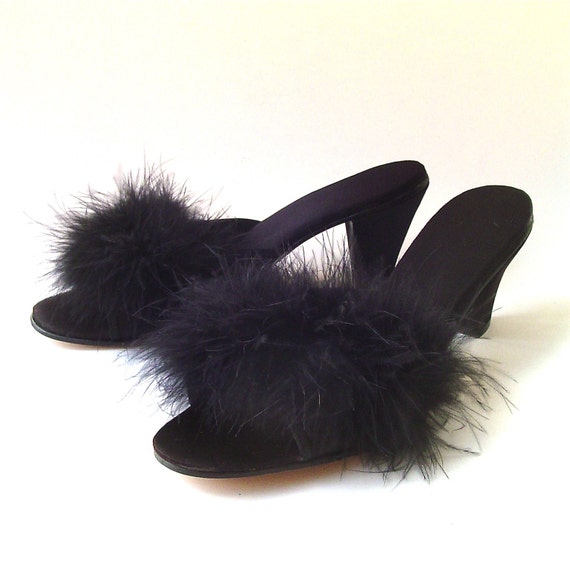 vintage Black Satin Marabou Feather Boudoir Slippers