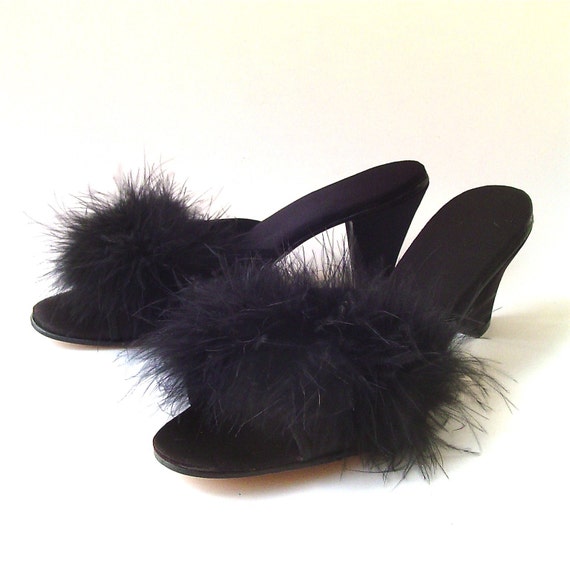 vintage Black Satin Marabou Feather Boudoir by SkinnyandBernie