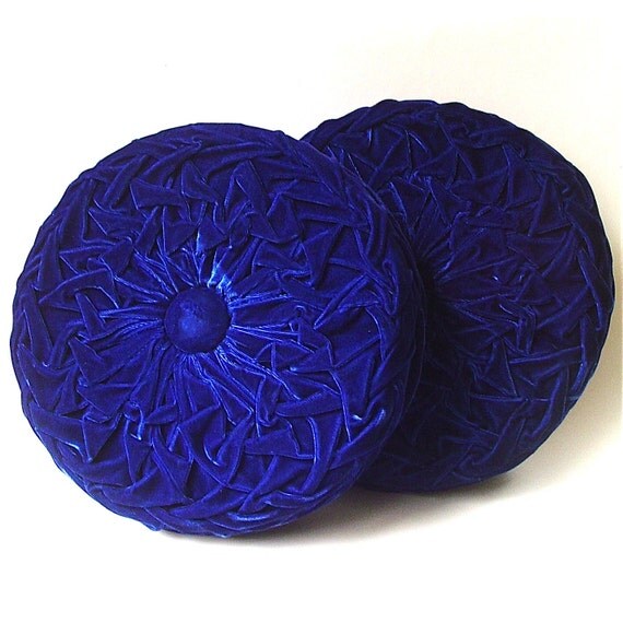 vintage Round Royal Blue Velveteen Smocked Pillows