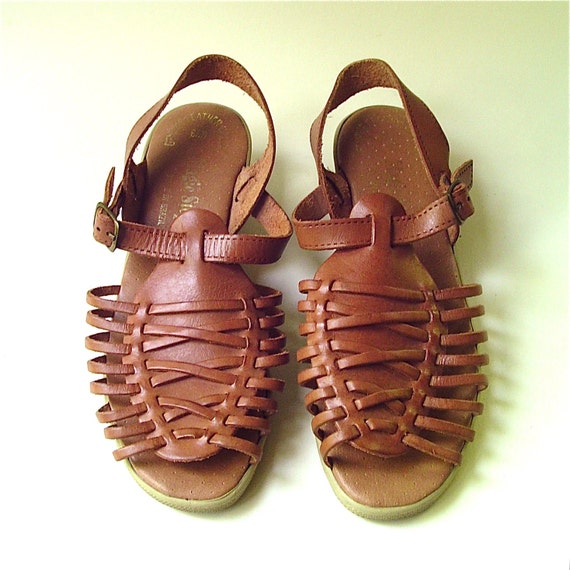 vintage Strappy Brown Leather Wedge Heel Sandals