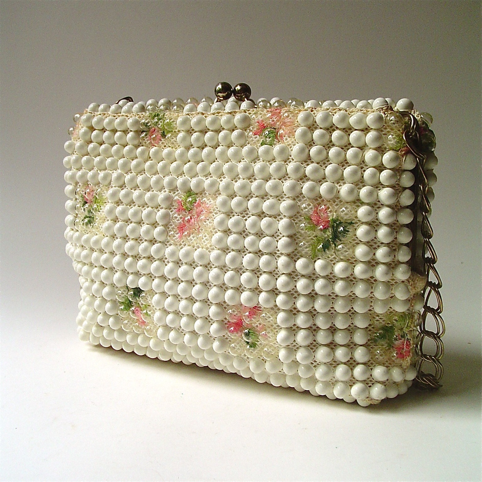 vintage Grandee White Beaded Purse with Embroidered Flowers