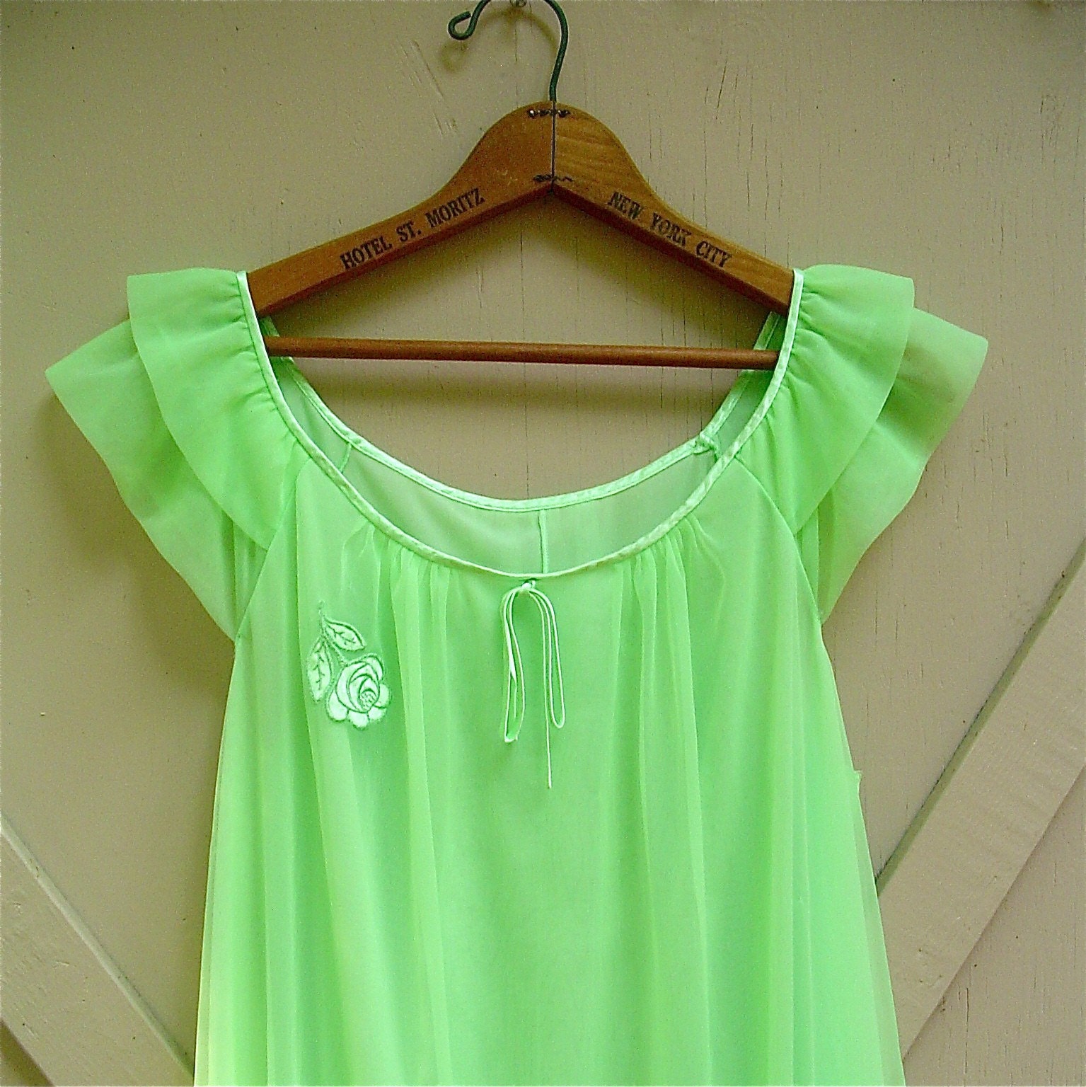 vintage Lime Green Chiffon Babydoll Nightgown