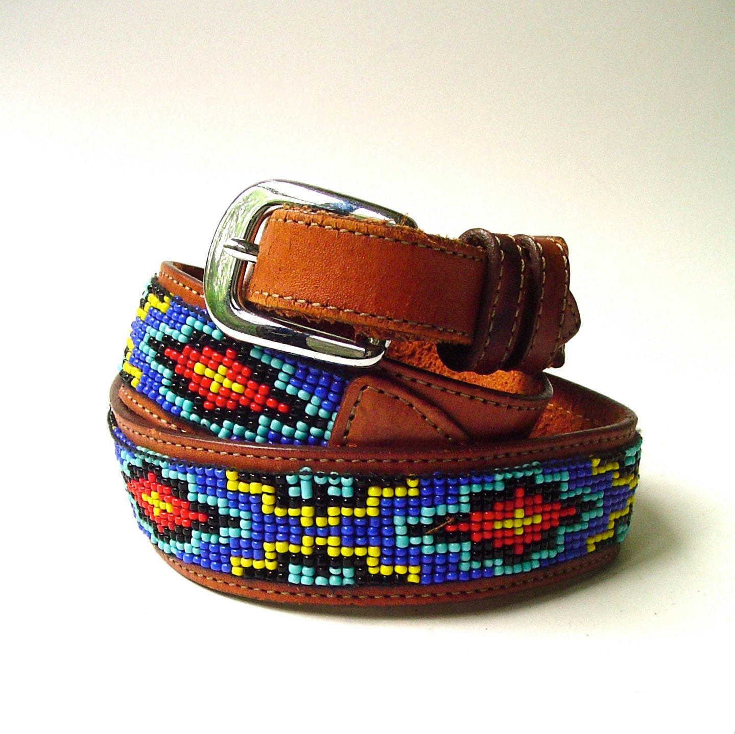 Southwest vintage Beaded Sienna Brown Leather Belt