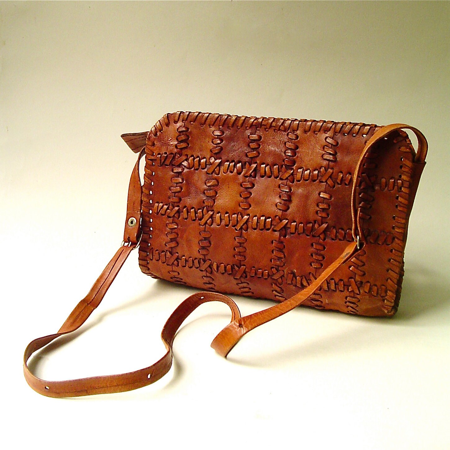 Boho vintage Distressed Saddle Brown Leather Patchwork Purse