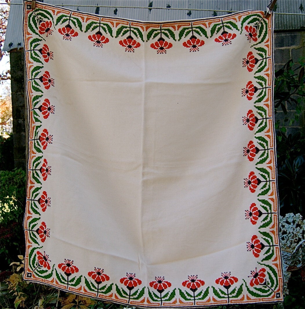 Vintage Cross Stitch Poppies Table Cloth