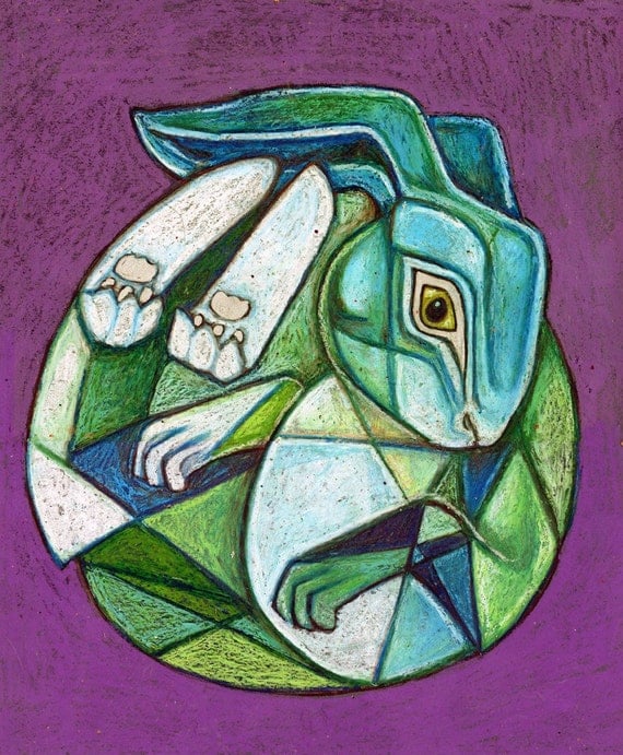 Items similar to Moon Hare Rabbit Bunny Animal Cubist Original Artwork ...