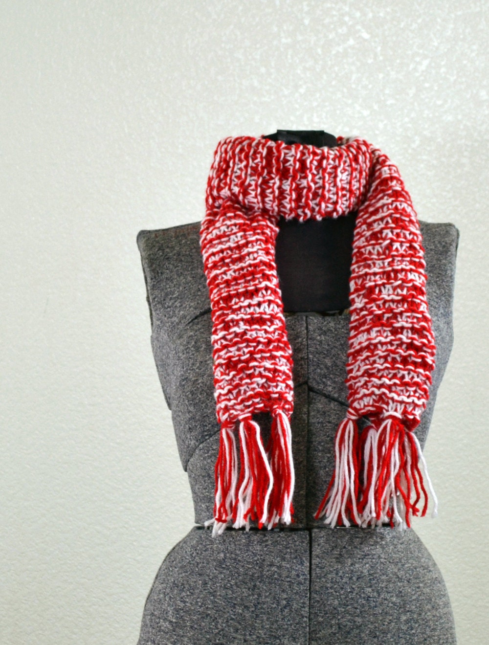 Candy Cane Red and White Knitted Scarf with Fringe by ASADesigns