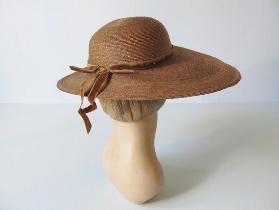 vintage 1950s Hat / Wide Brim Hat / Sun Hat / Wheat
