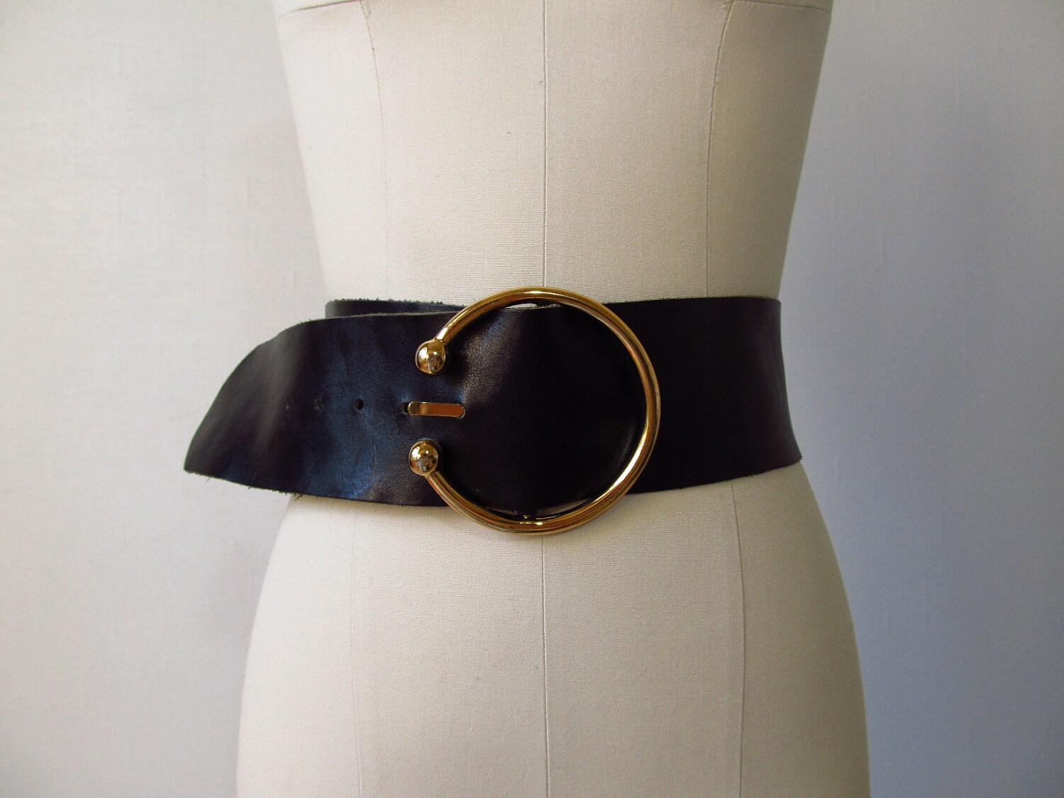 vintage Leather Belt / 80s Wide Belt / Black