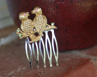 H116 Vintage LOVEBIRDS Pink Peridot Pearl Rhinestone Upcycled Hair Comb