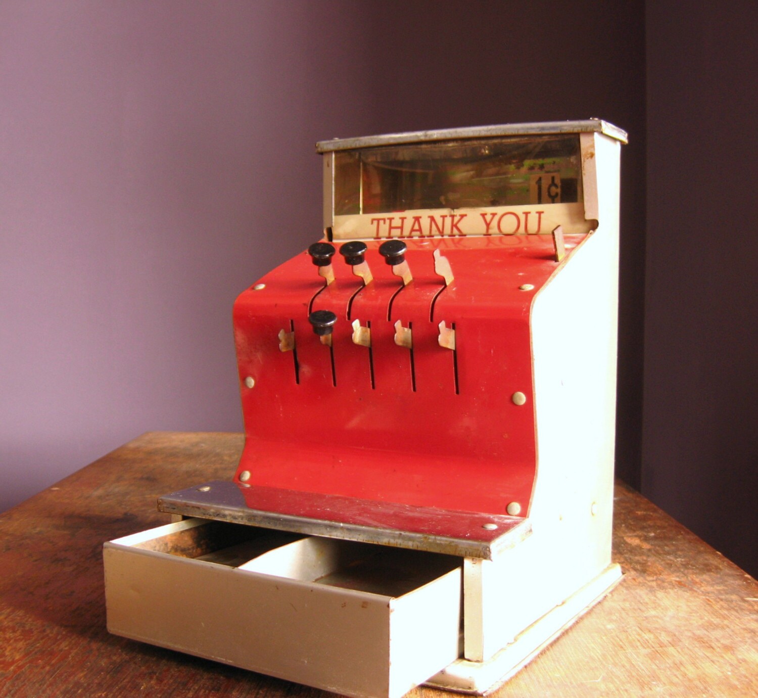 Vintage 1950s Red Toy Cash Register .. Kamkap Inc.