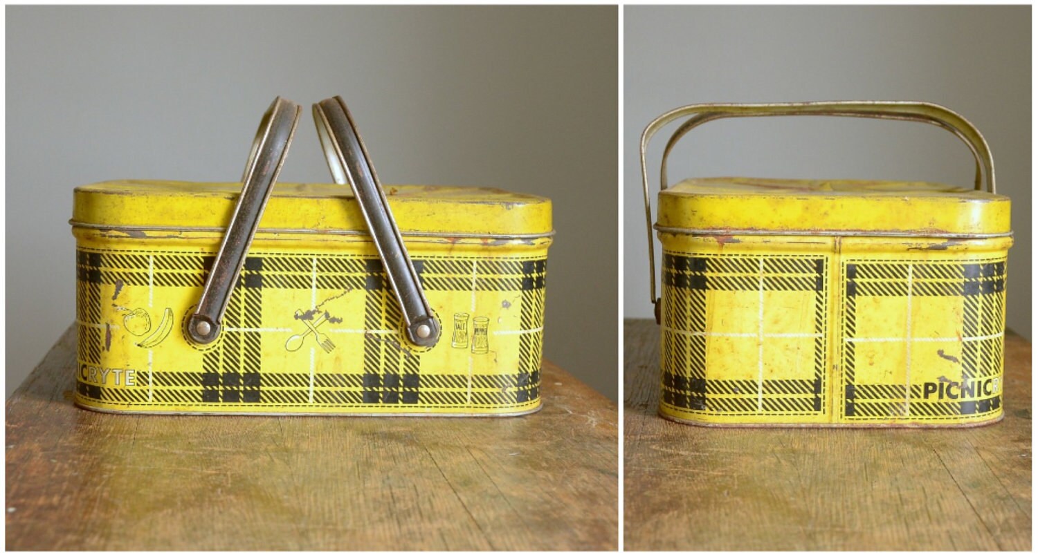 Vintage 1950s Metal Nesco Picnic Basket .. Yellow and Black