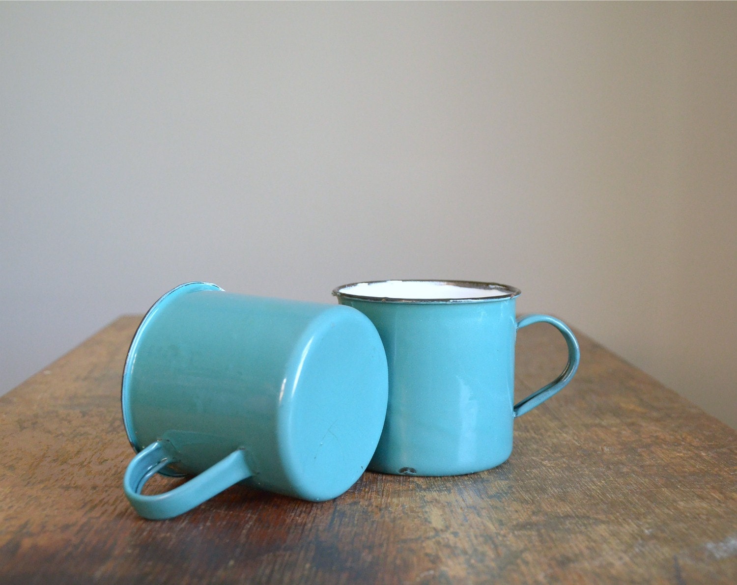 Vintage Turquoise Enamelware Camping Mugs .. Set of Two