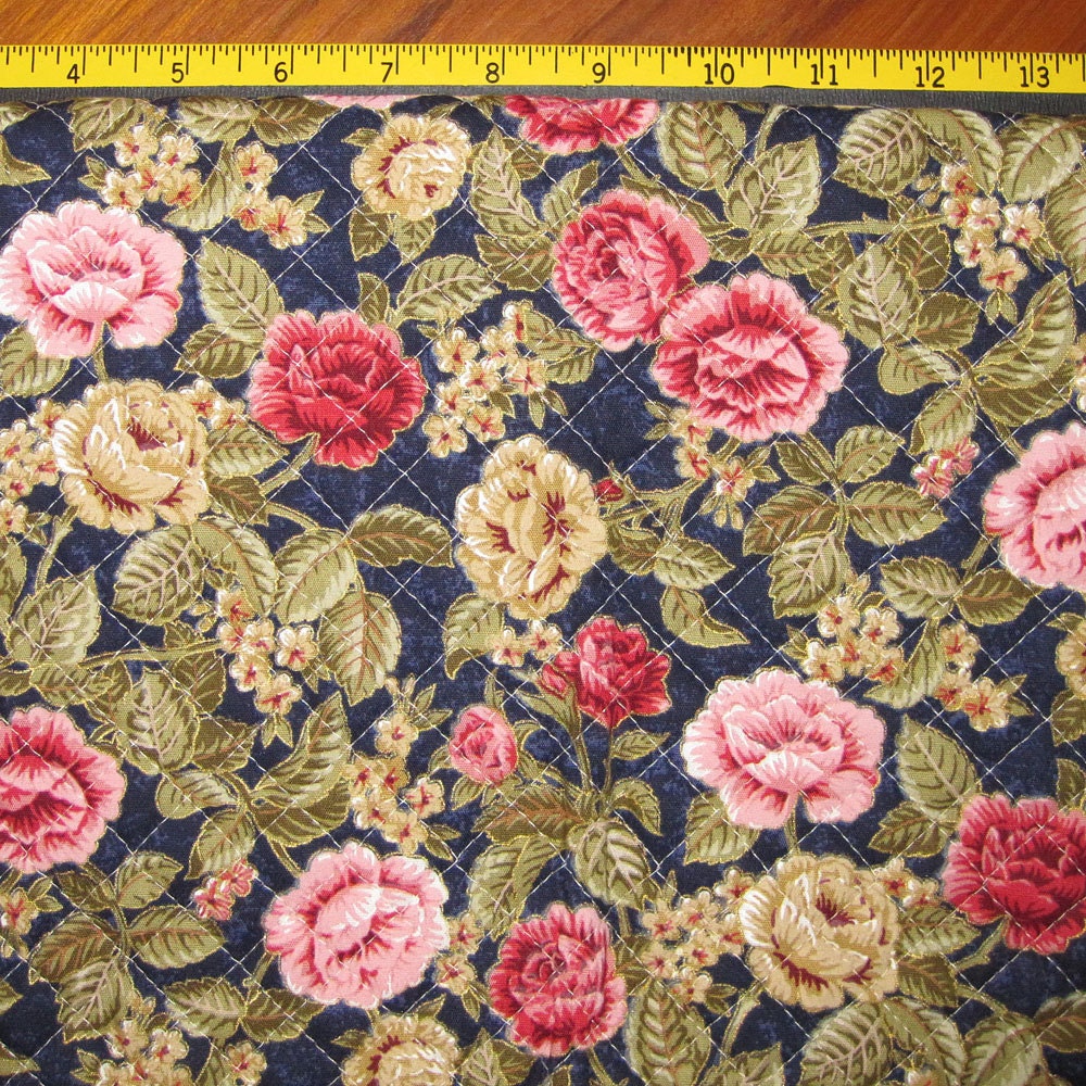 Pre Quilted Fabric Half Meter Cut Roses Design Navy Blue 8894