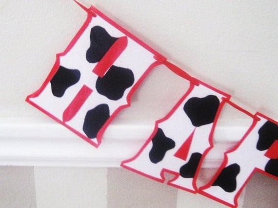 Cowgirl Cowboy HAPPY BiRTHDAY Banner - BLACK and WHiTE COW PRiNT on ReD Il_570xn