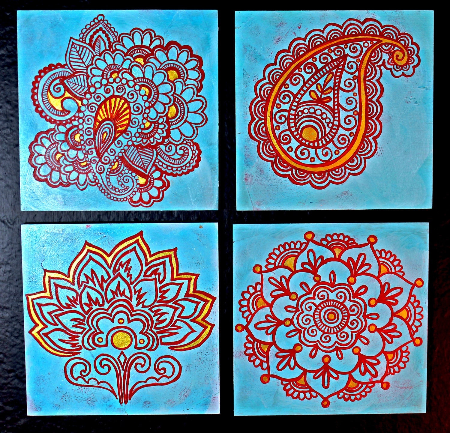 Custom Indian Henna  Motif  Paintings 6x6 Set of 4 made