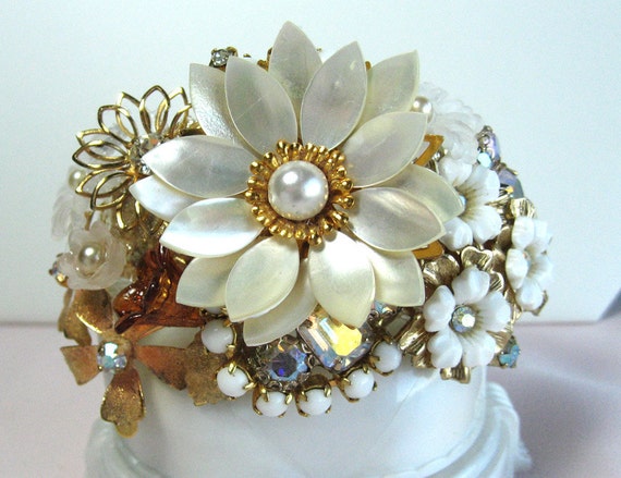 Items similar to Bridal Bracelet Beautiful Mother of Pearl Flower Cuff