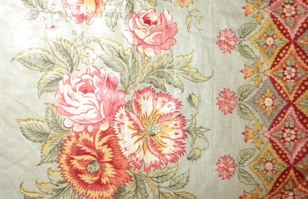 Gorgeous Antique French Chintz Fabric Celadon Red Roses