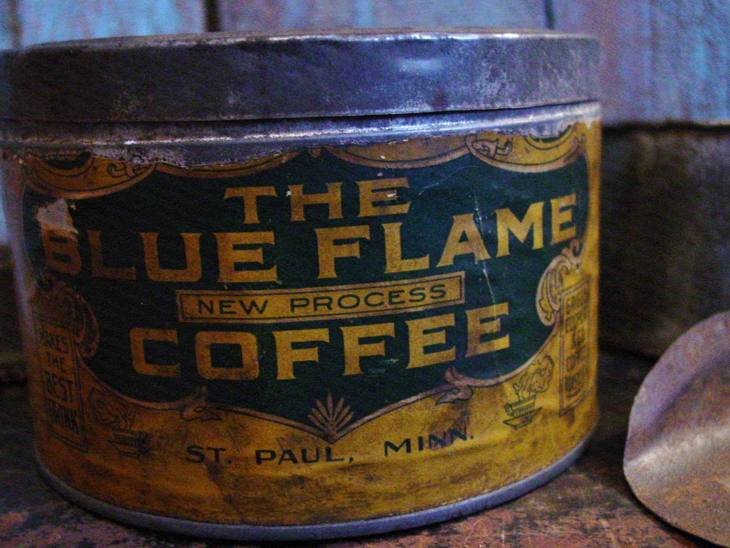 Antique 1800's Blue Flame Coffee Tin Can Old General Store