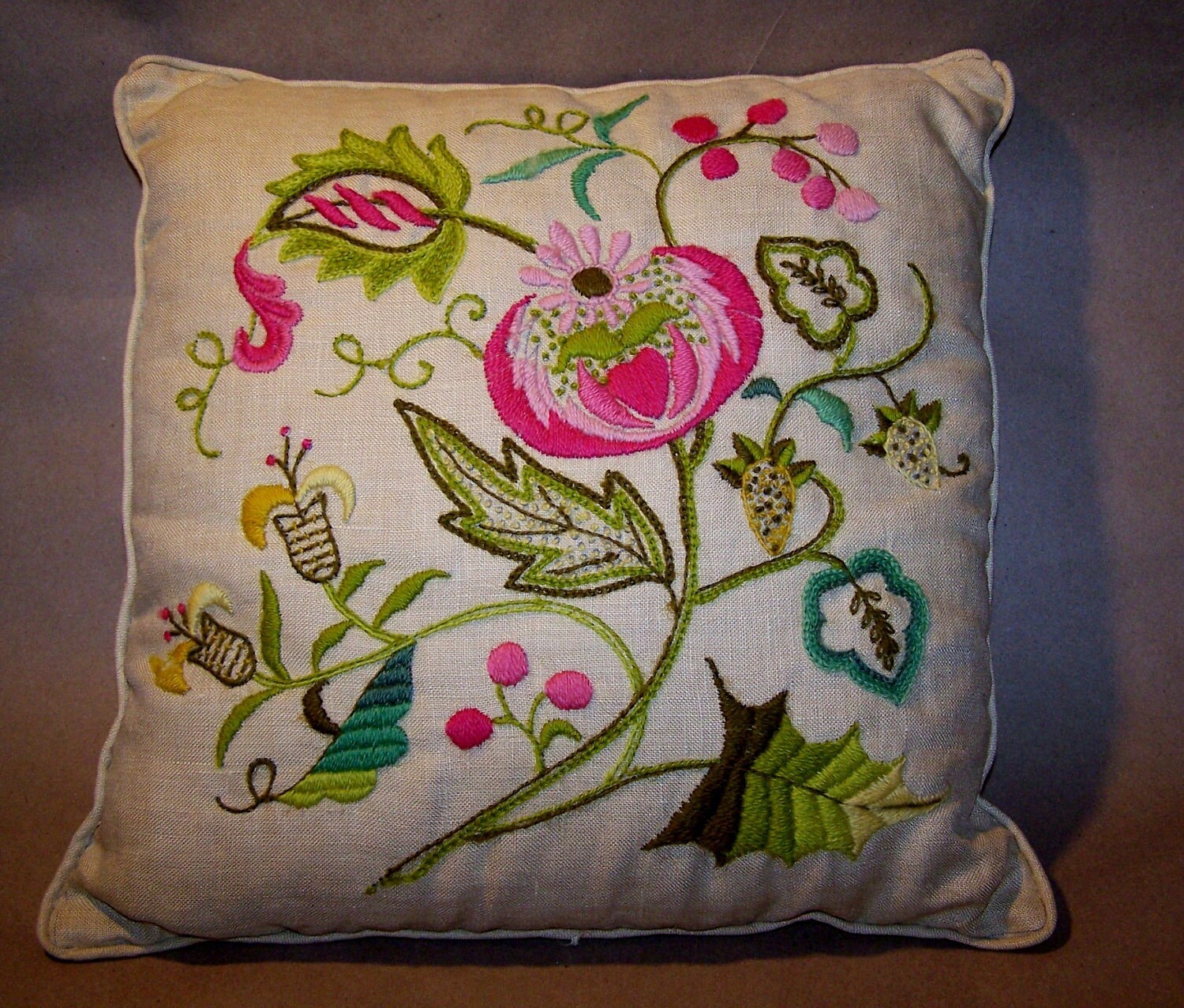 Vintage Jacobean Embroidery Pillow on linen by shopjude on Etsy