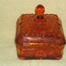 Beautiful Vintage Square Amber Glass Covered Candy Dish on Small Peg Legs