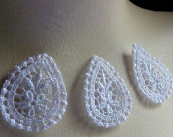 3 Lace Appliques in WHITE Venise Lace for Bridal, Jewelry Supply, Garments, Costume Design