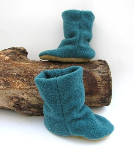 Leather Soled Extra Tall Polar Fleece Baby Booties in Aqua