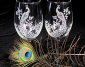 4 Peacock Wedding Wine Glasses, Bridal Party Set for Bride & Groom, Best Man, Maid of Honor