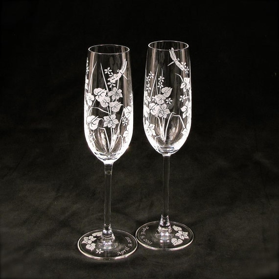 Beach Wedding Champagne Flutes, Engraved Crystal, Tropical Flowers ...