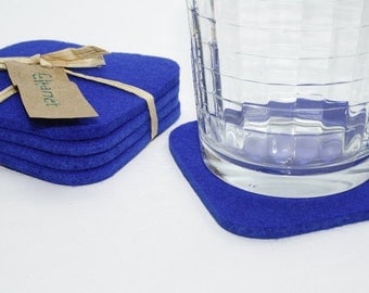 Square Wool Felt Cup Desk Coaster Set Blue Coasters for Drinks Fabric Bar Coasters, Royal Blue House Warming Gift for Hostess