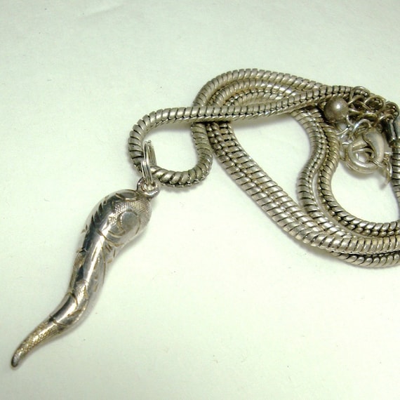 Vintage Italian Corno Horn Amulet Engraved Sterling on Metal