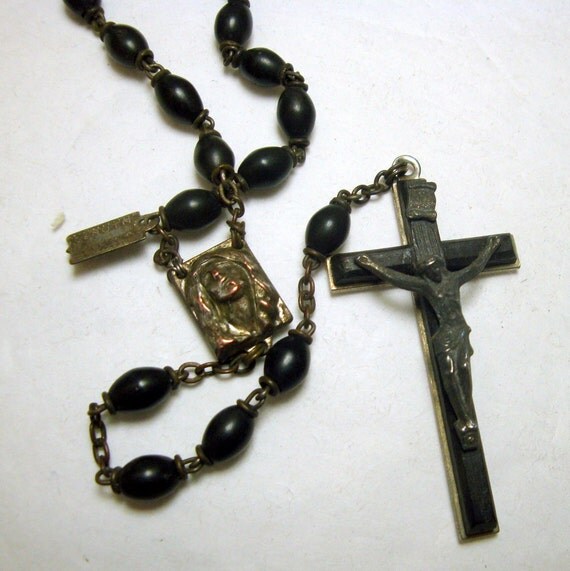 Vintage Italian Rosary Ebony Wood Crucifix Cocoa Beads