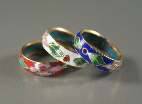 3 Vintage Enamel Cloisonne Colorful Bands RINGS by EarlyBirdJewels