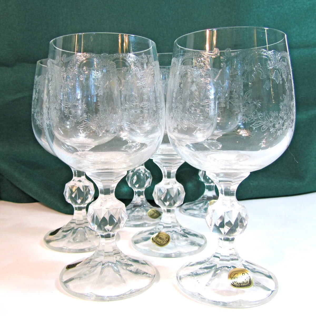 Bohemia Czech Cascade Etched Crystal Wine Glasses By Zenhen 0574