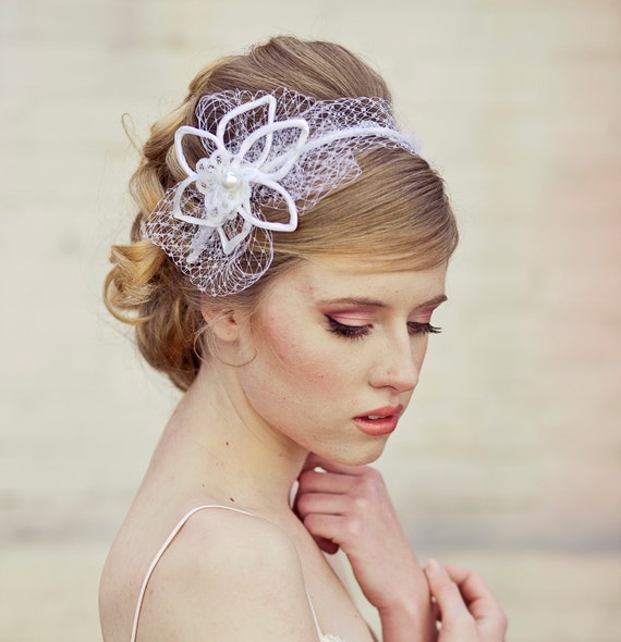 Items similar to Wedding hair, Satin flower and net wedding headband on ...