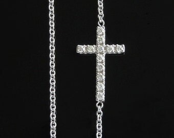 Tiny Sideways Cross Necklace in 14kt White Gold and Diamonds
