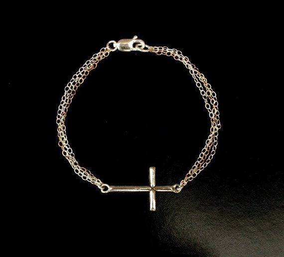 Items similar to Sideways Cross Bracelet with triple chain in Sterling ...