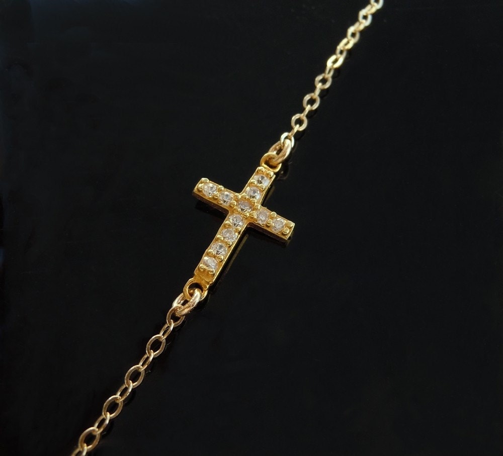 Sideways Cross Necklace In Gold With Czs 14kt Gold By Luluka 9190