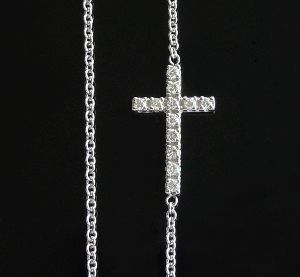 Tiny Sideways Cross Necklace in 14kt White Gold and Diamonds