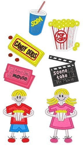 Applique AT THE MOVIES Set 4x4 5x7 Machine Embroidery Design Applique at the movies set 4x4 5x7 machine embroidery design