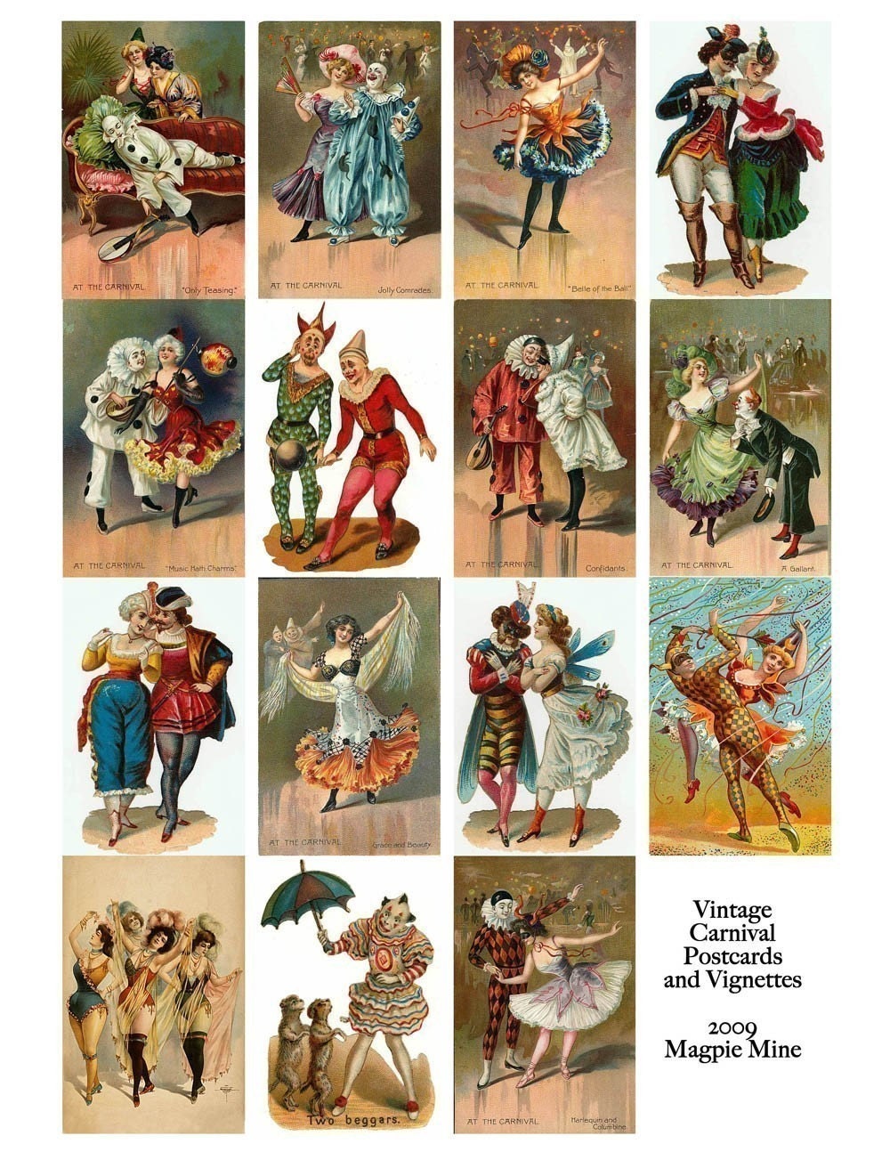 Vintage Carnival Postcards Collage Sheet Clowns Dancers