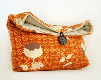 Makeup Bag, Orange Floral Clutch Purse, Orange Clutch, Great for Travel, Bridesmaid Gift, Gift Under 25