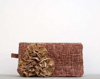 Handmade Clutch, Red Clutch, Nougat Brown Silk Rosettes, Gift for Mom, Bridesmaid Gift, Wedding Accessory