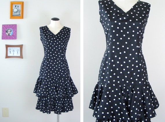 Vintage 1980's Dropped Waist Polka Dot Ruffle Dress S-M