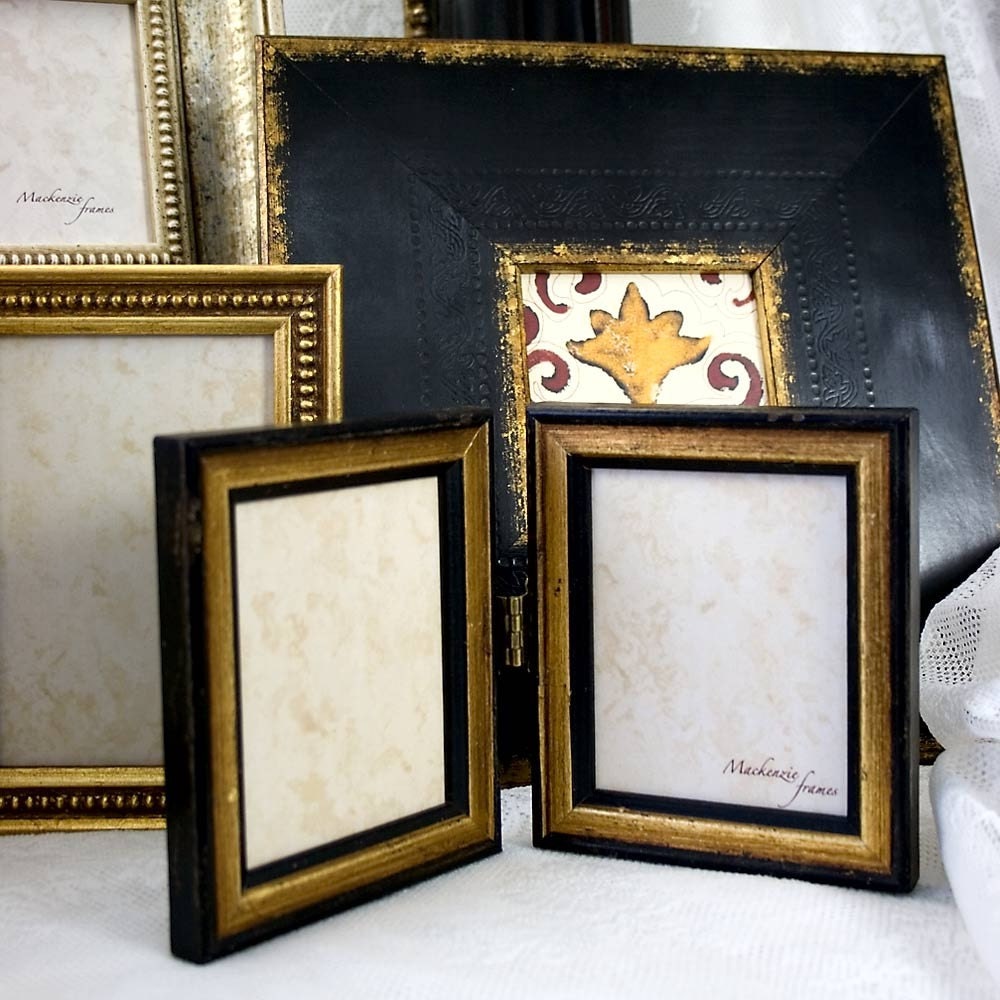 4x6 inch Hinged Double Photo Frame in Antiqued Black and Gold