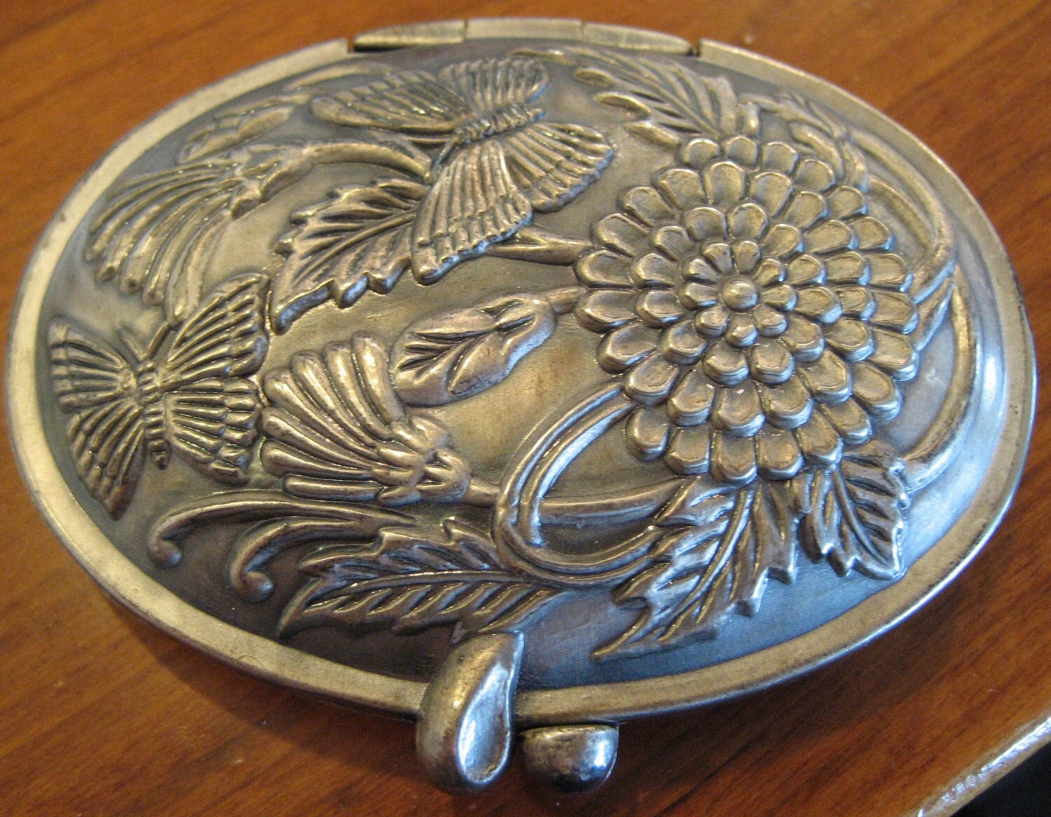 VINTAGE Pewter Compact Mirror with Photo Holder