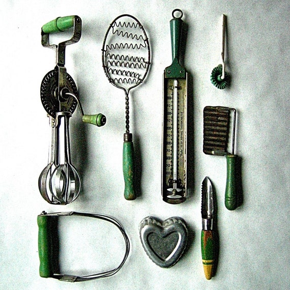 8 Antique Green Farmhouse Kitchen Utensils by retrovertigo on Etsy