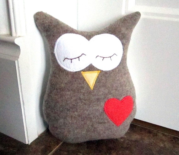 Owl Pillow Plush - Recycled Wool - Tan Embroidered